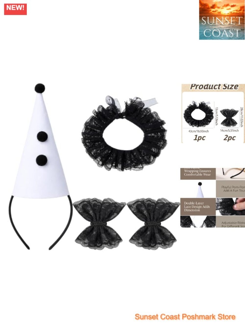 Polyester Clown Costume Accessory Set Lace Ruffle Collar Wrist Cuffs Headband
